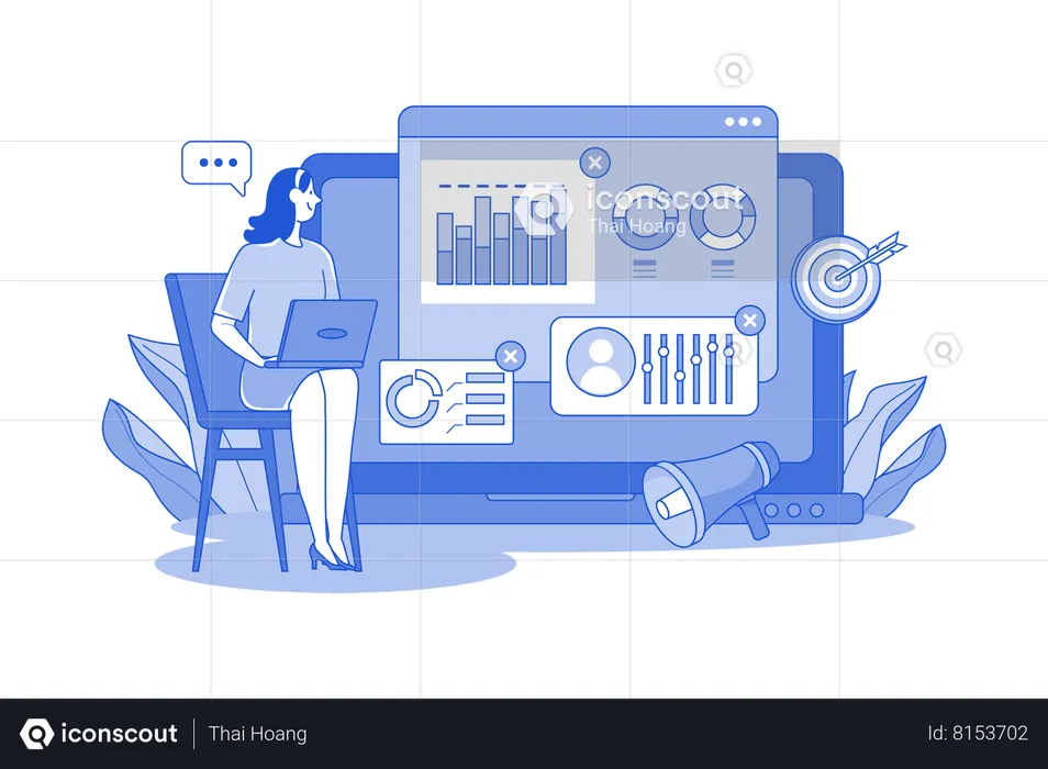 Woman doing online market analysis  Illustration