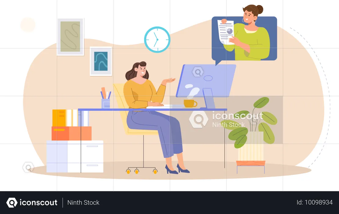 Woman doing online meeting with client at office workplace  Illustration