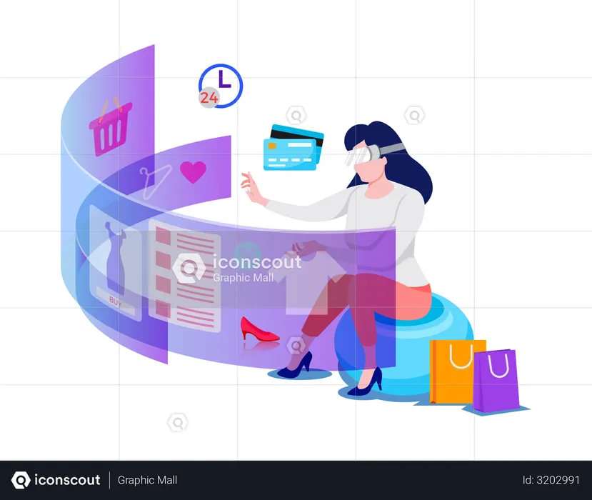 Woman doing online shopping using Virtual reality  Illustration