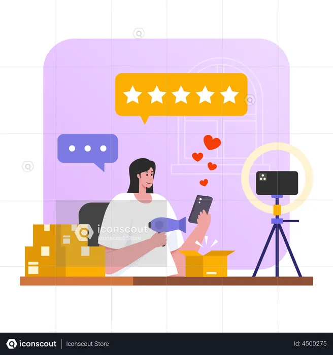 Woman doing product unboxing video  Illustration