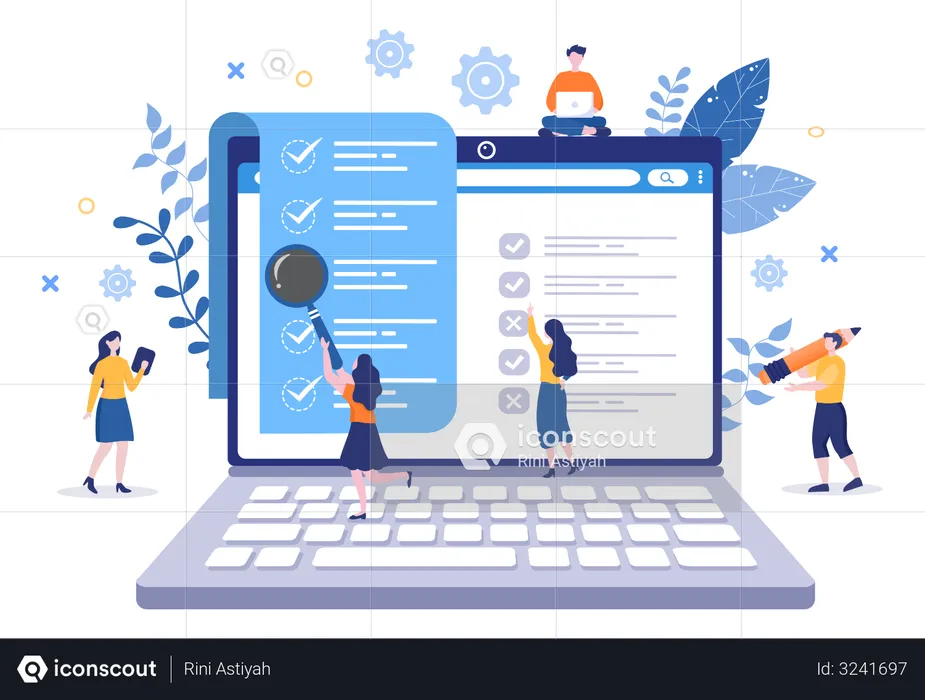 Woman doing research about task management  Illustration