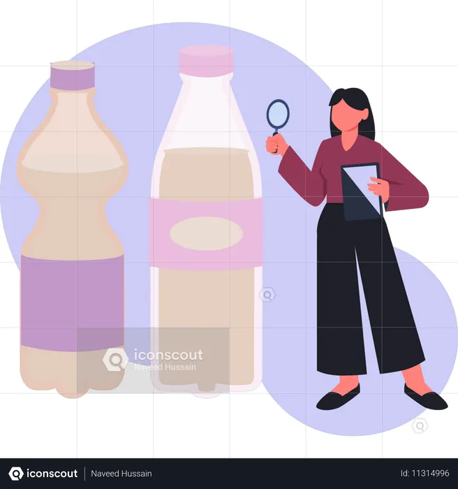 Woman  doing research on drink bottlle  Illustration