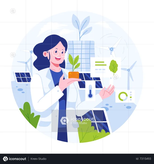 Woman doing research on plants for sustainability  Illustration