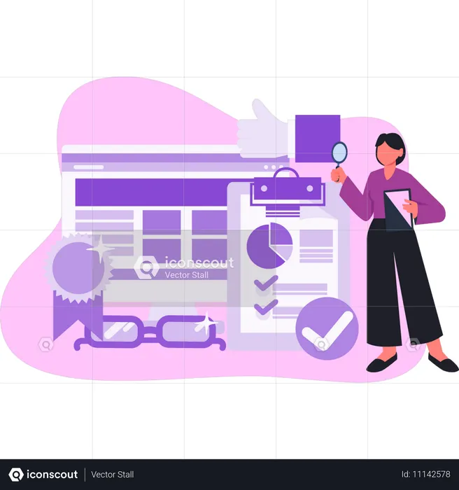 Woman doing research on seo  Illustration