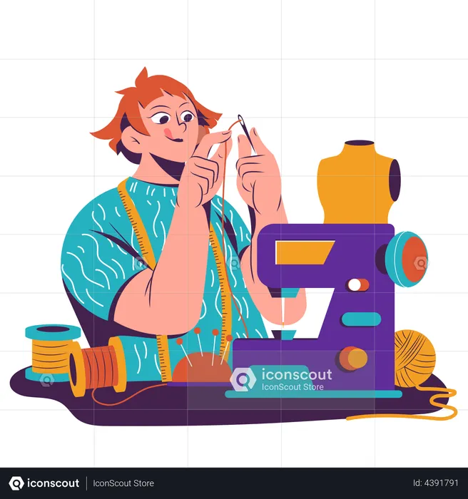 Woman doing sewing on weekend  Illustration
