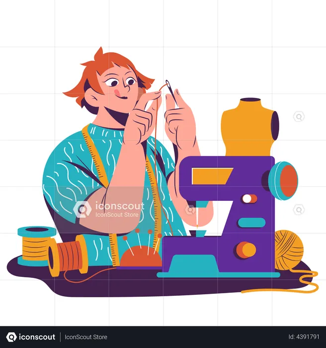 Woman doing sewing on weekend  Illustration