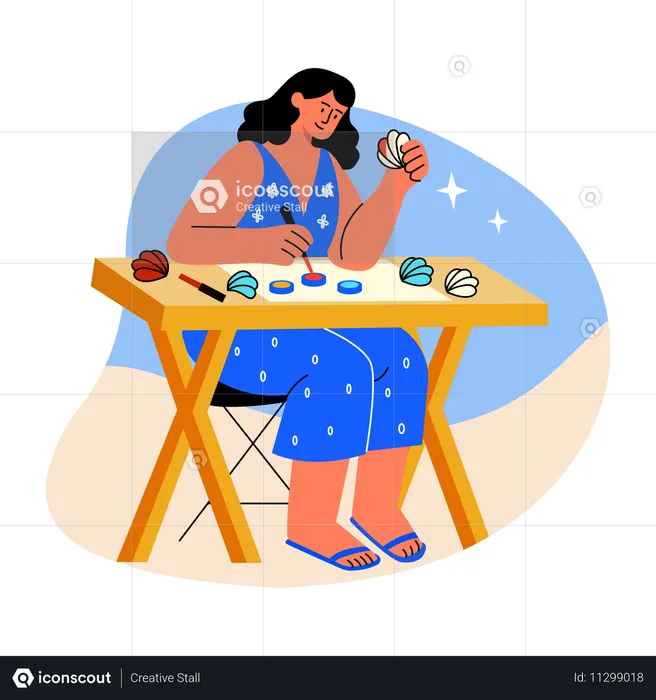 Woman doing Shell painting  Illustration