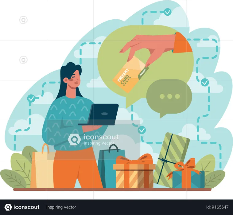 Woman doing shopping using present card  Illustration