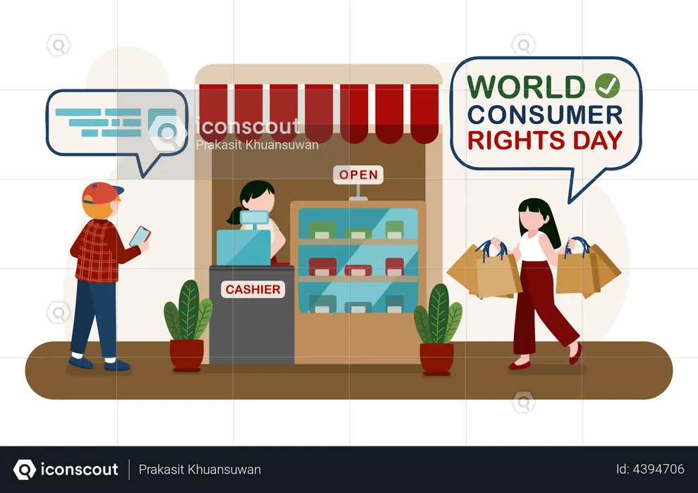 Woman doing shopping with consumer rights  Illustration