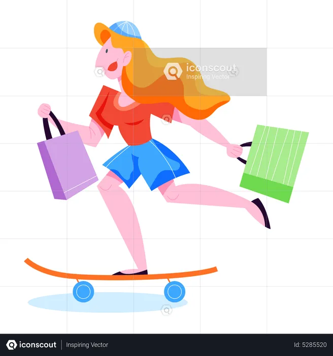 Woman doing skateboarding with holding shopping bag  Illustration