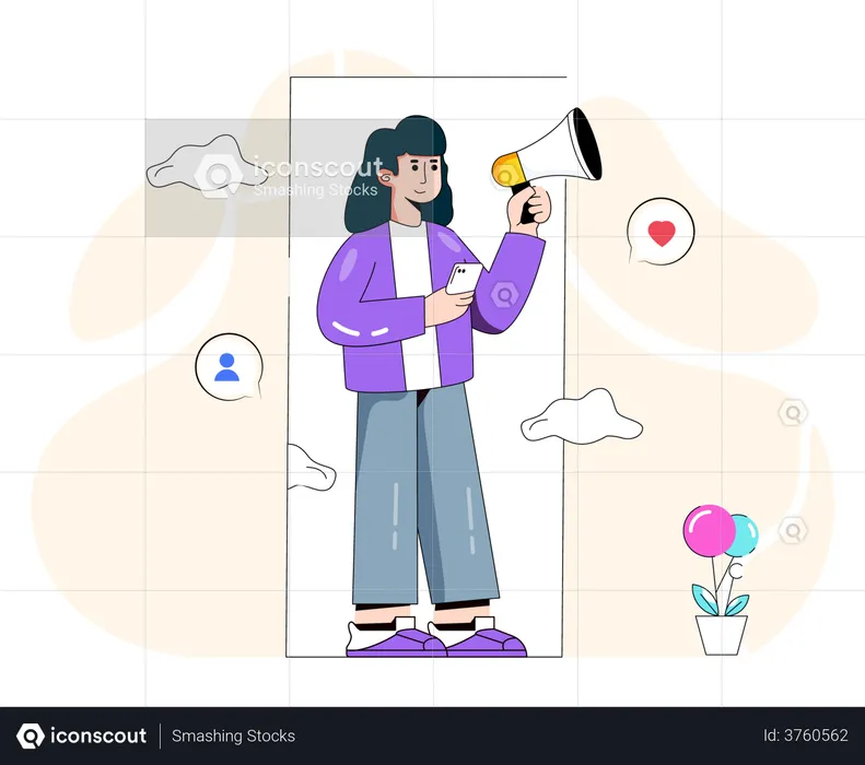 Woman doing social media marketing using megaphone  Illustration