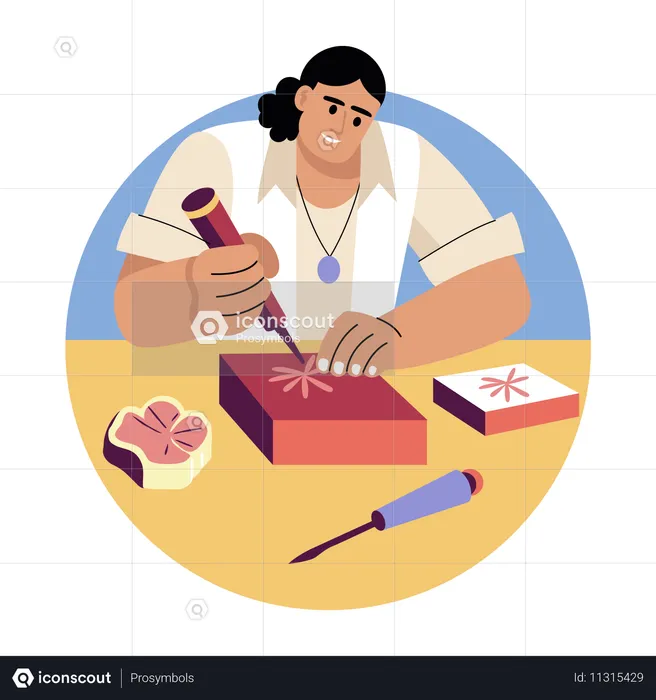 Woman doing stamp carving  Illustration