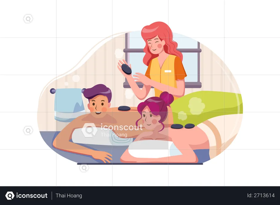 Woman doing stone massage therapy to couple  Illustration