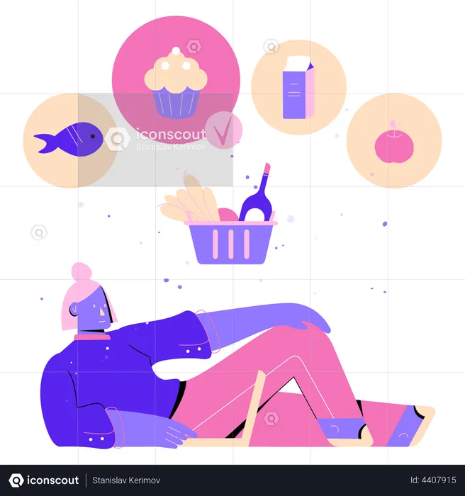 Woman doing virtual grocery shopping  Illustration