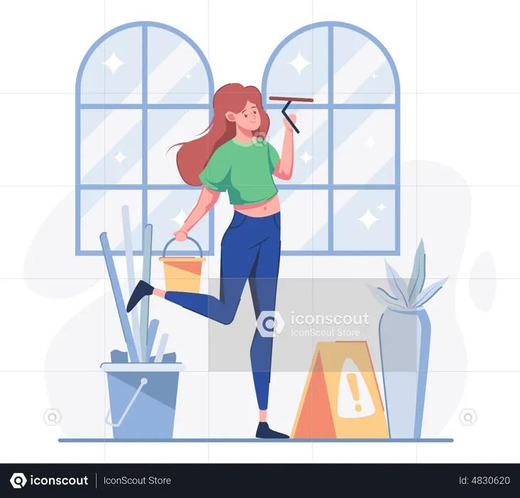 Woman doing window clean with cleaning equipment  Illustration