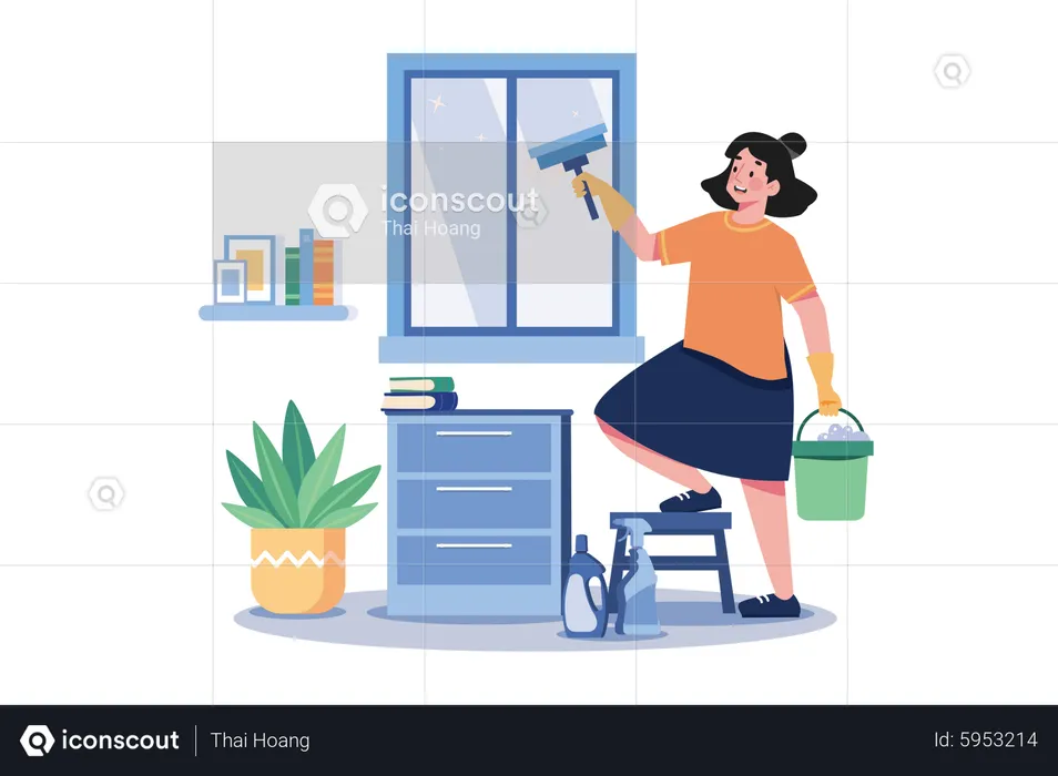 Woman Doing Window Cleaning With Cleaning Equipment  Illustration