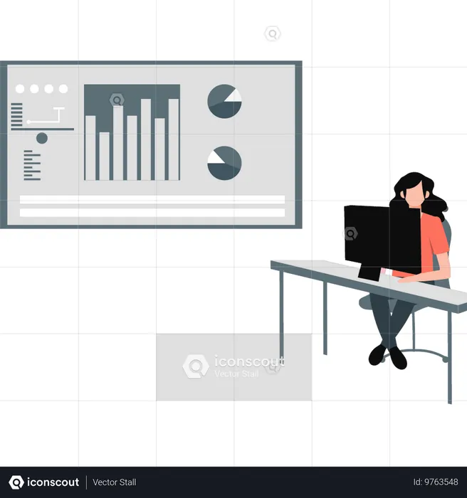 Woman doing work on analytical graphs at office  Illustration