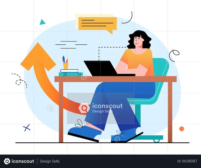 Woman doing work on laptop at office  Illustration