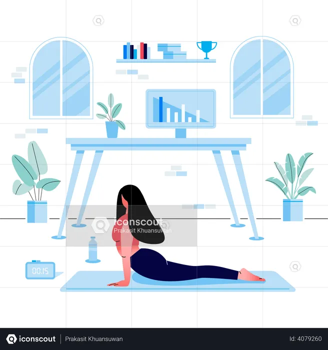 Woman doing yoga exercise in office  Illustration