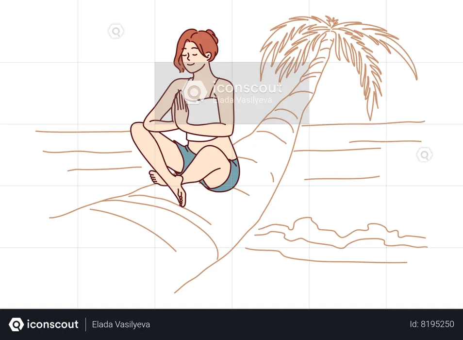 Woman doing yoga sitting on palm tree in lotus position enjoying summer travel and meditating  Illustration