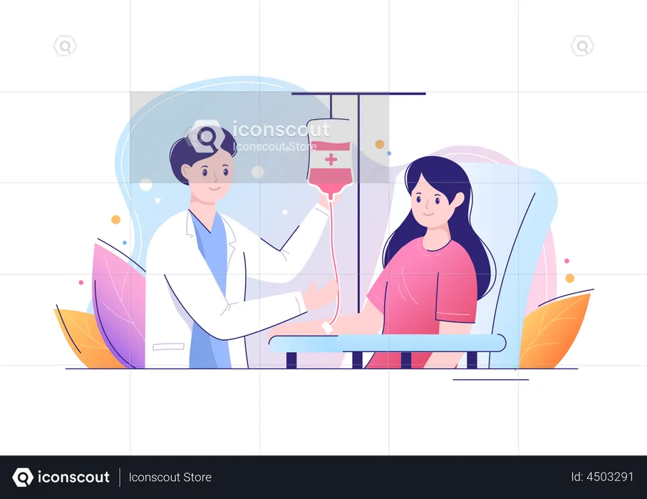 Woman donate blood accompanied by a doctor  Illustration