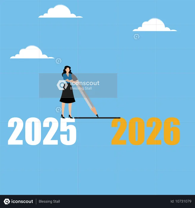 Woman drawing line from 2025 to 2026  Illustration