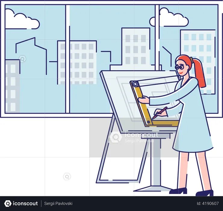 Woman Drawing New Architectural Project  Illustration