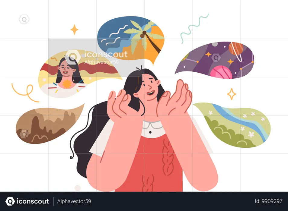 女性は幸せな未来と、地球を旅して南部のリゾートでリラックスする機会を夢見ている  イラスト