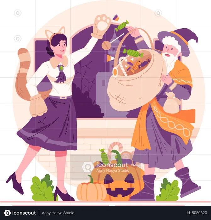 Woman Dressed in Costume Gives Candy and Sweets to Man Dressed in Costume Who Is Holding Basket  Illustration