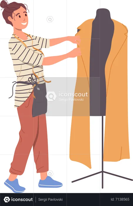 Woman dressmaker at work standing nearby mannequin  Illustration