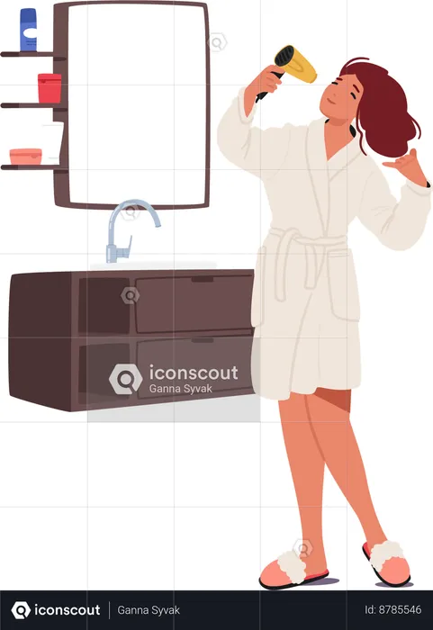 Woman Dries Hair With hairdryer  Illustration