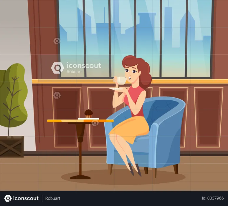 Woman Drink Coffee and Eat Muffin in Coffeehouse  Illustration