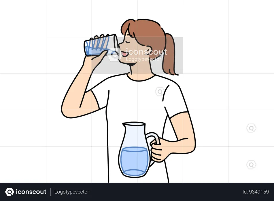 Woman drinking clean water from glass to refresh herself and saturate body with mineral aqua  Illustration