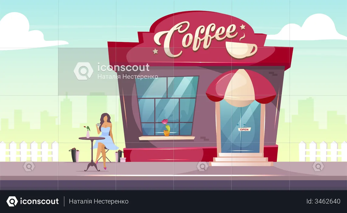 Woman drinking coffee at coffeeshop  Illustration