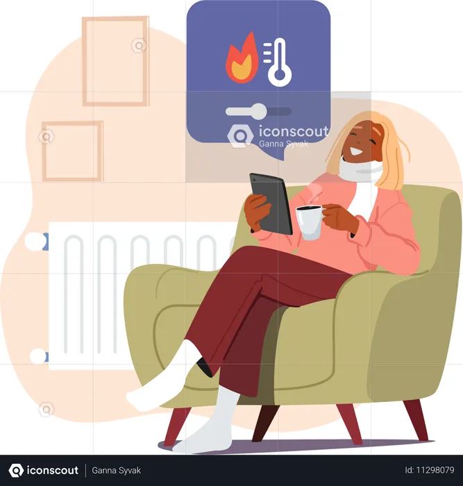 Woman drinking coffee wearing warm clothing using mobile tech app for smart home climate control  Illustration