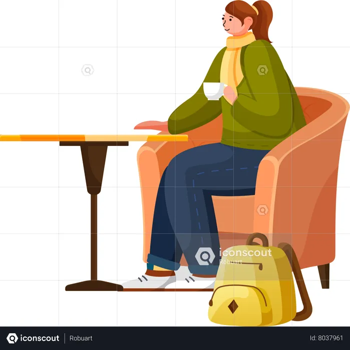 Woman Drinking Hot Beverage in Restaurant  Illustration