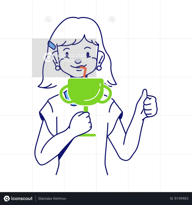Woman drinks a cocktail out of a cup trophy  Illustration