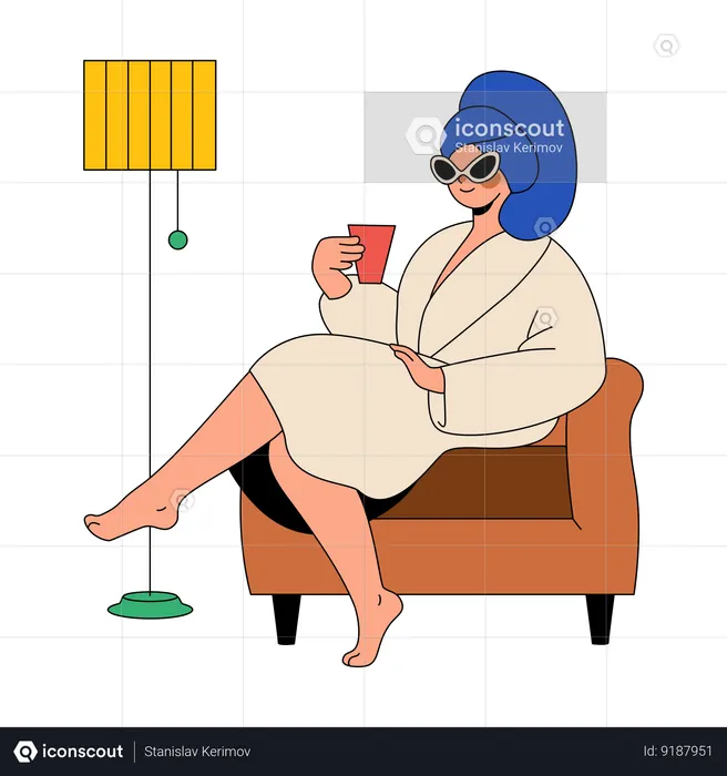 Woman Drinks Coffee After A Bath  Illustration