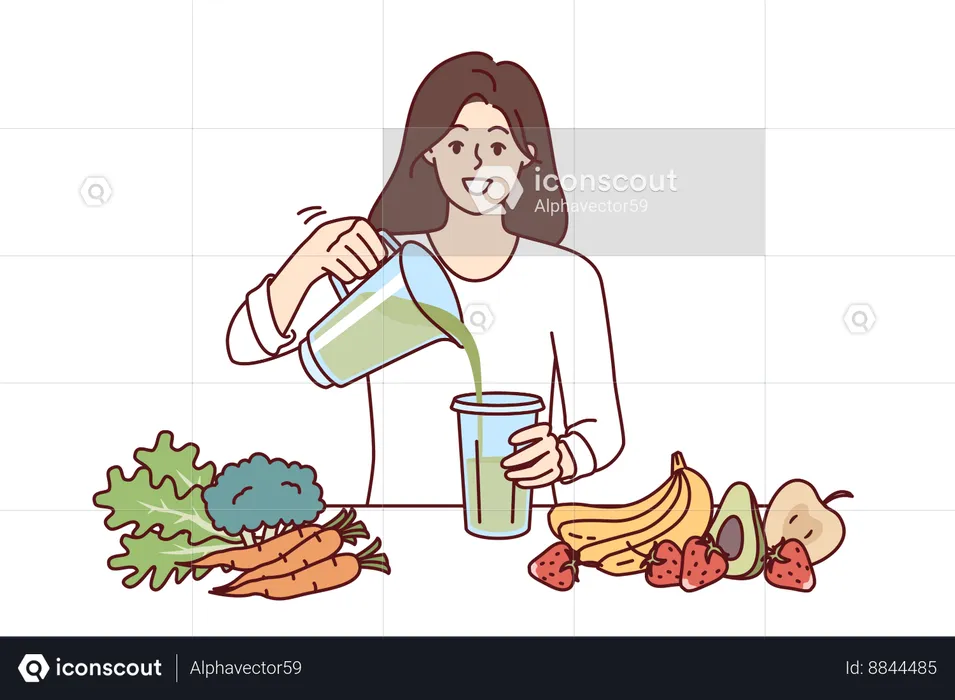 Woman drinks diet smoothie made in blender from organic fruits and vegetables with healthy vitamins  Illustration