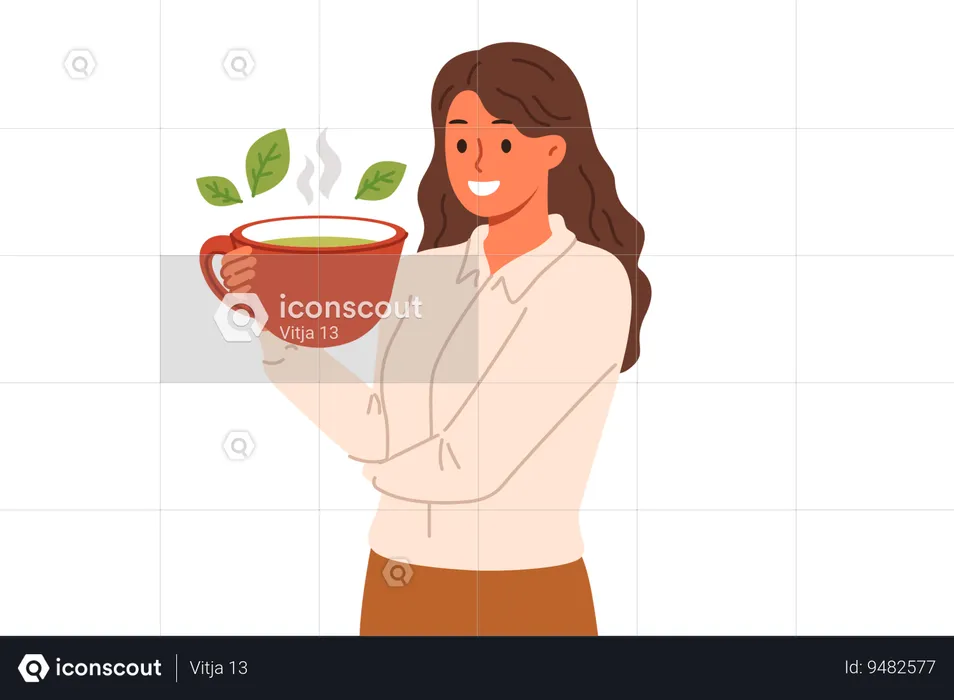Woman drinks green loose leaf tea from large mug enjoying bite of hot soothing drink  Illustration