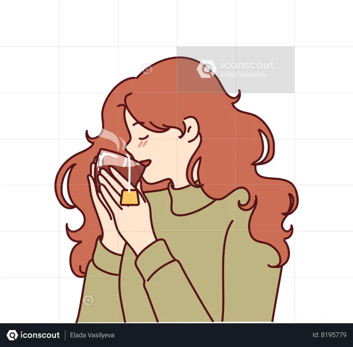 Woman drinks hot tea and enjoying taste of warming drink in cold winter weather  Illustration