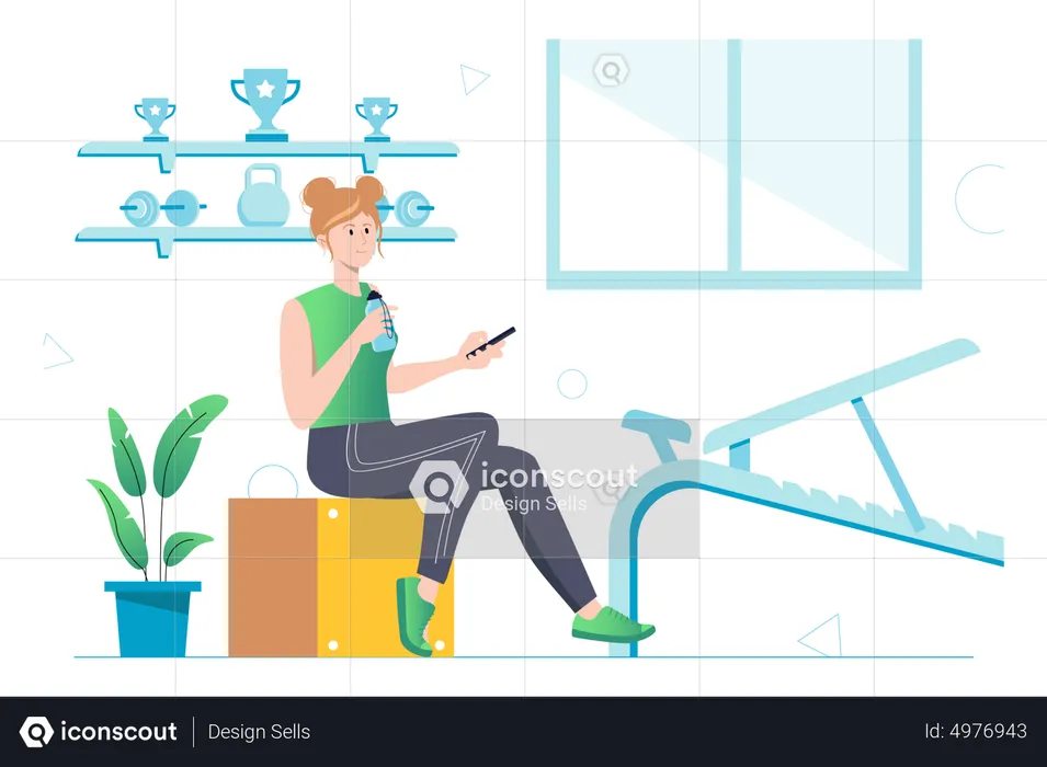 Woman drinks water and rests after exercises in gym  Illustration