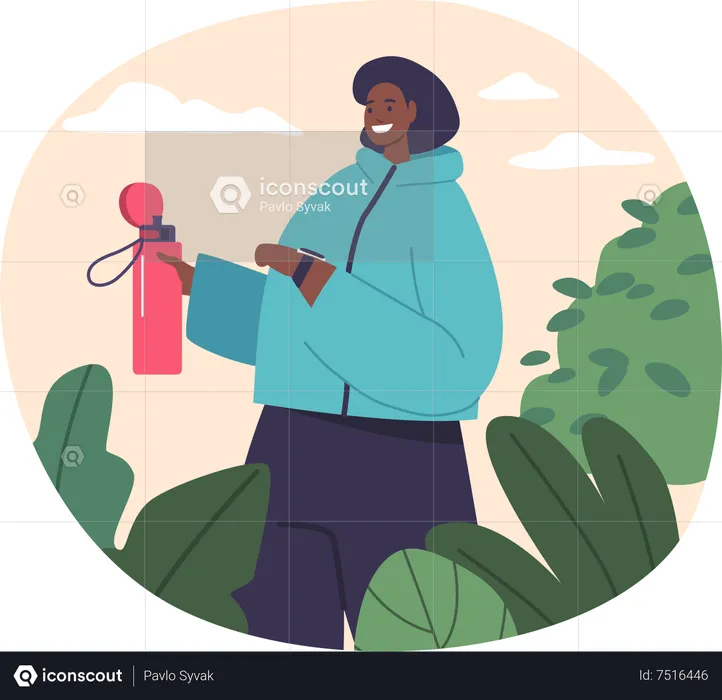 Woman Drinks Water From Bottle and Glancing At Wristwatch For Time  Illustration