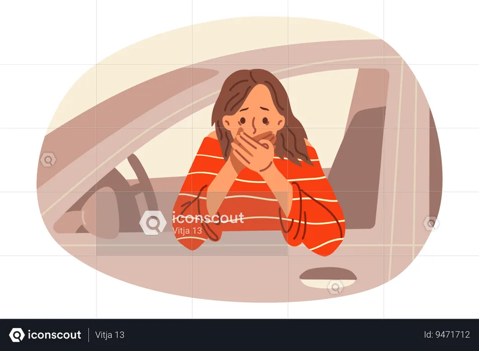 Woman driver suffers from nausea while driving leans out of car and covers mouth with hand  Illustration