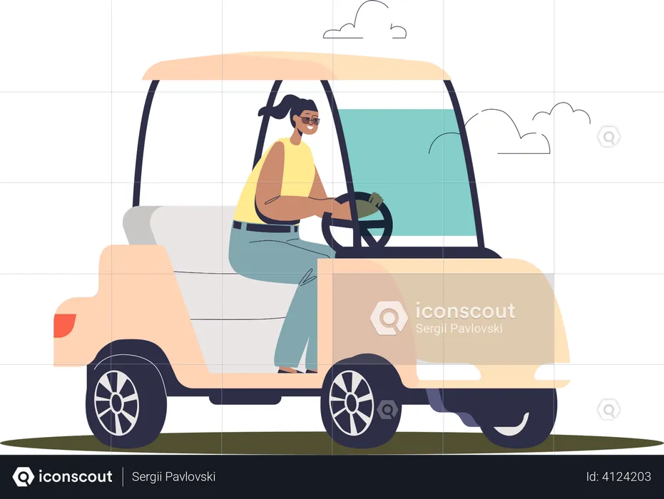 Woman driving golf car  Illustration