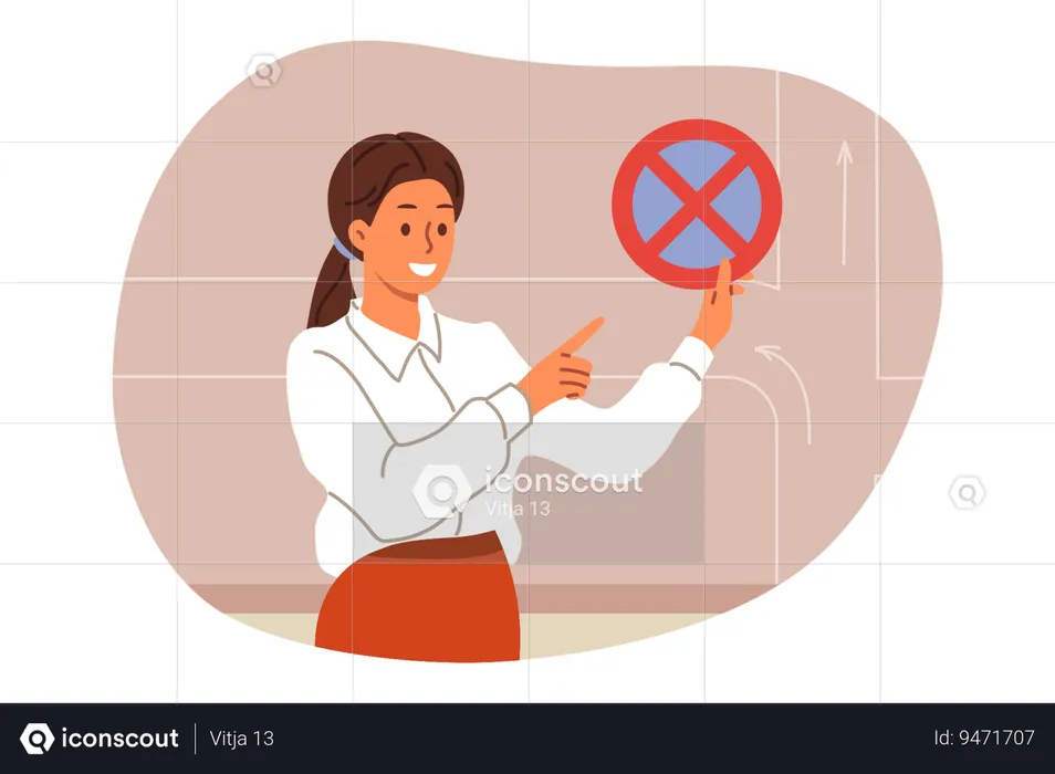 Woman driving school teacher demonstrates roadsign prohibiting parking and stopping cars  Illustration