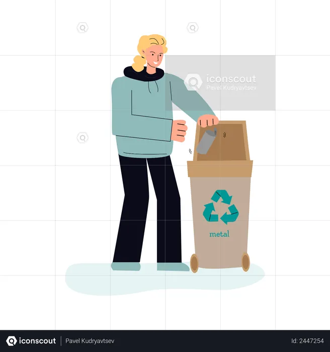 Woman droping metal trash in bin  Illustration