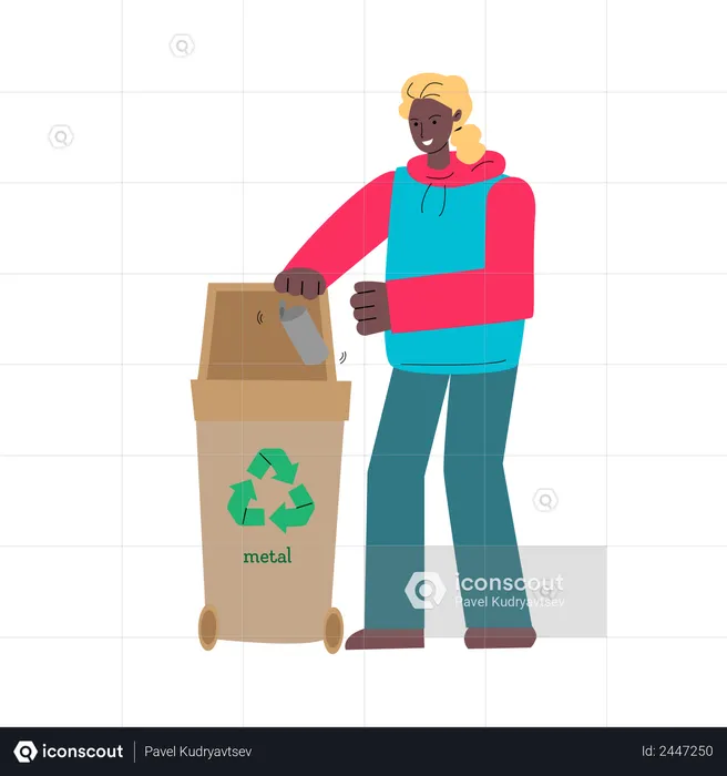 Woman droping metal trash in bin  Illustration