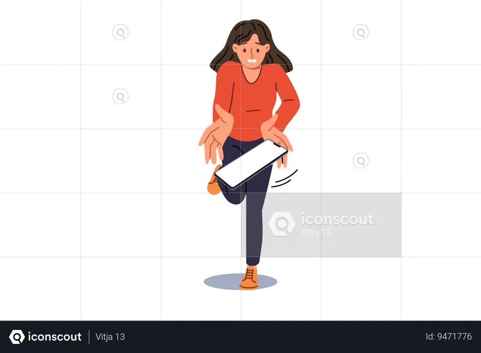 Woman drops phone due to carelessness and absent-mindedness risking damage to gadget  Illustration