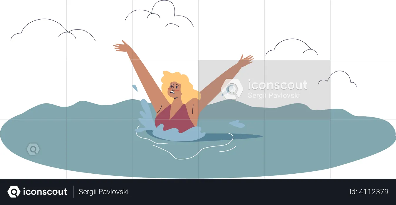 Woman drowning while swimming in sea  Illustration